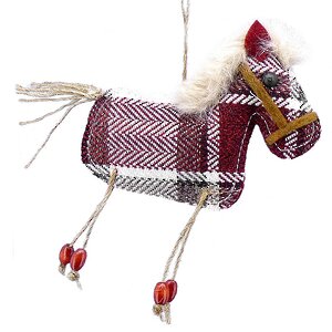 Елочная игрушка Веселая лошадка 15 см бордовая в клеточку, подвеска Lang фото 1
