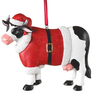 Елочная игрушка Корова Меделин Булл 10 см в рождественской шубке, подвеска