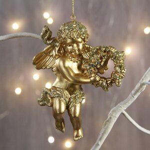 Елочная игрушка Золотой Херувим с венком 10 см, подвеска Holiday Classics фото 1