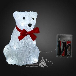 Медвежонок сидящий "С красным бантом" светящийся, 16 см, 16 белых LED ламп, батарейка, IP20 BEAUTY LED фото 1