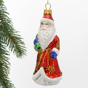 Стеклянная ёлочная игрушка Дед Мороз с мешком подарков 12 см, подвеска Коломеев фото 1