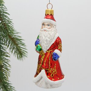 Стеклянная ёлочная игрушка Дед Мороз с мешком подарков 12 см, подвеска