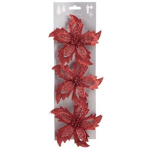 Искусственная пуансеттия Danielius 12 см, 3 шт, красная, клипса Koopman фото 3