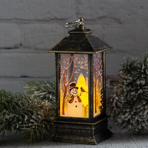 Новогодний фонарик со свечой Сказки зимнего Леса 13 см винтажно-золотистый