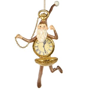 Елочная игрушка Гном Часовщик в золотом костюме 14 см, подвеска Goodwill фото 1