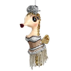 Елочная игрушка Морской Конёк Гэтсби 13 см в серебряно-миндальном платье, подвеска Goodwill фото 1