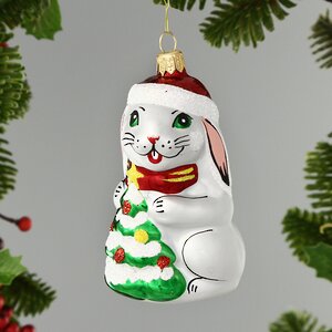 Стеклянная елочная игрушка Зодиак - Кролик с елочкой 8 см, подвеска Фабрика Елочка фото 1