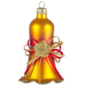 Стеклянное елочное украшение Колокольчик Декоративный 8.5 см золотой с красным
