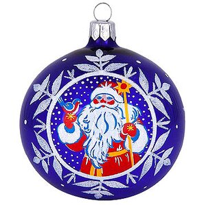 Стеклянный елочный шар Дед Мороз 75 мм синий