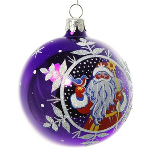 Стеклянный елочный шар Дед Мороз 75 мм фиолетовый