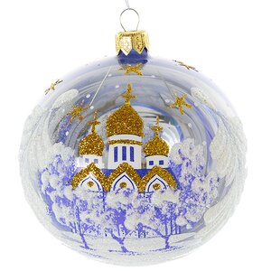 Стеклянный елочный шар Золотые купола 95 мм синий