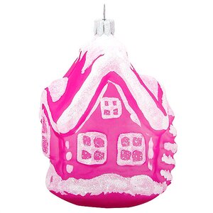 Стеклянная елочная игрушка Домик с Елкой 8 см розовый, подвеска Фабрика Елочка фото 1