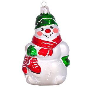 Стеклянная елочная игрушка Снеговик в зеленом шарфе 8 см, подвеска Фабрика Елочка фото 1
