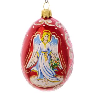 Стеклянная елочная игрушка Яйцо - Ангел 9 см красное, подвеска