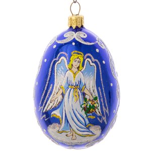 Стеклянная елочная игрушка Яйцо - Ангел 9 см синее, подвеска