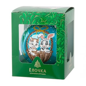 Стеклянный елочный шар Зодиак - Кот и Кролик в корзинке 8 см бирюзовый Фабрика Елочка фото 2