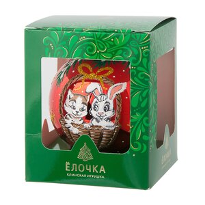 Стеклянный елочный шар Зодиак - Кот и Кролик в корзинке 8 см красный Фабрика Елочка фото 2