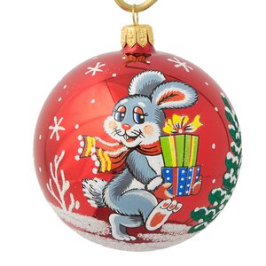 Стеклянный елочный шар Зодиак - Кролик с подарками 85 мм красный