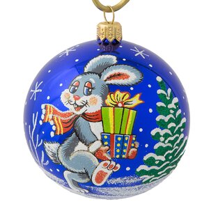 Стеклянный елочный шар Зодиак - Кролик с подарками 85 мм синий