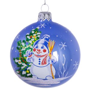 Стеклянный елочный шар Снеговик 75 мм голубой