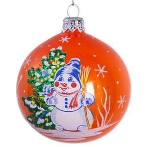 Стеклянный елочный шар Снеговик 7 см оранжевый Фабрика Елочка фото 1