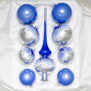 Набор стеклянных елочных шаров с верхушкой Василиса синий