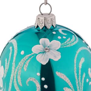 Стеклянный елочный шар Белые Цветы 7 см бирюзовый Фабрика Елочка фото 2