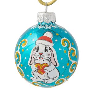 Стеклянный елочный шар Зодиак - Кролик с сердечком 6 см бирюзовый Фабрика Елочка фото 1