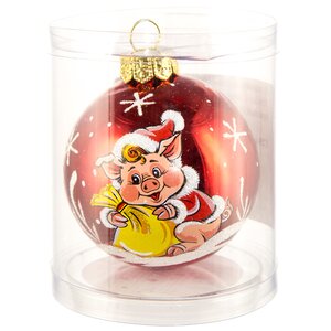 Стеклянный елочный шар Зодиак - Хрюша с мешком подарков 6 см красный Фабрика Елочка фото 2