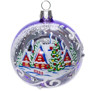 Стеклянный елочный шар Зимний Пейзаж 75 мм фиолетовый