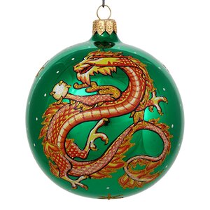 Стеклянный елочный шар Зодиак - Дракон с жемчужиной 9 см зеленый Фабрика Елочка фото 1