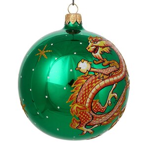 Стеклянный елочный шар Зодиак - Дракон с жемчужиной 9 см зеленый Фабрика Елочка фото 2