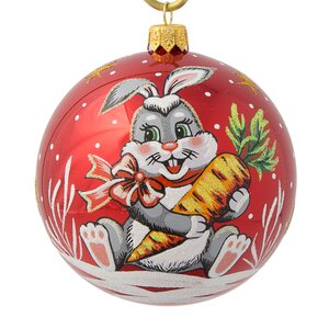 Стеклянный елочный шар Зодиак - Кролик с морковкой 95 мм красный