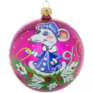 Стеклянный елочный шар Зодиак - Мышка Снегурочка 9 см розовый Фабрика Елочка фото 1