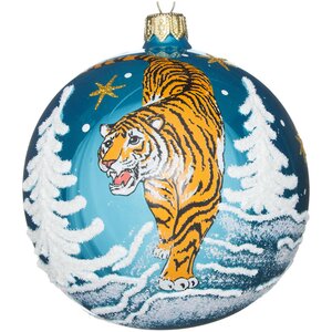 Стеклянный елочный шар Зодиак - Могучий тигр Раджа 9 см бирюзовый Фабрика Елочка фото 1