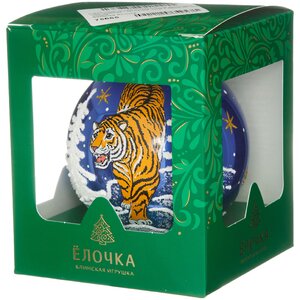 Стеклянный елочный шар Зодиак - Могучий тигр Раджа 9 см синий Фабрика Елочка фото 2