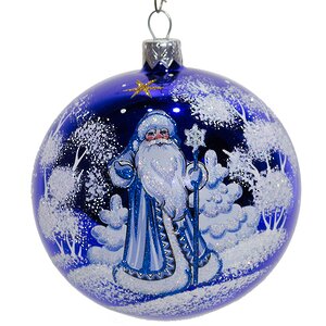 Стеклянный елочный шар Дед Мороз 95 мм синий