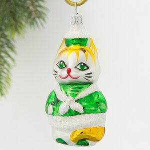 Стеклянная елочная игрушка Кошечка 8.5 см зеленая, подвеска Фабрика Елочка фото 1