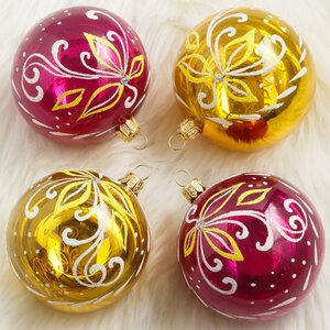 Набор стеклянных елочных шаров Флора 4*75 мм, золотой с фиолетовым