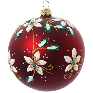 Стеклянный елочный шар Цветочный 95 мм бордовый