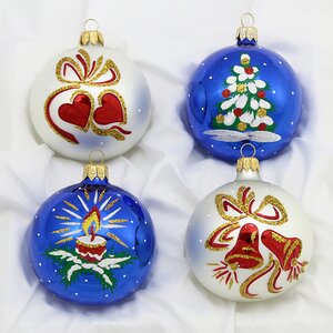 Набор стеклянных елочных шаров Рождество 7 см, 4 шт белый с синим Фабрика Елочка фото 1
