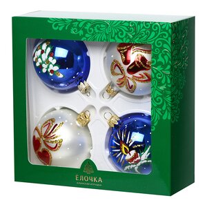 Набор стеклянных елочных шаров Рождество 7 см, 4 шт белый с синим Фабрика Елочка фото 2