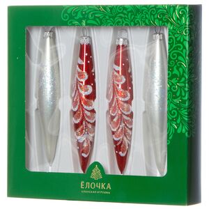 Набор елочных игрушек Сосульки Прелесть 14 см белые с красным, 4 шт, стекло, подвеска Фабрика Елочка фото 2