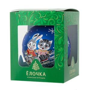 Стеклянный елочный шар Зодиак - Кролик и Кот на санках 7 см синий Фабрика Елочка фото 2