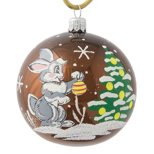 Стеклянный елочный шар Зодиак - Кролик у Елочки 75 мм шоколадный