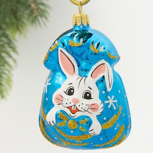 Стеклянная елочная игрушка Подарок - Кролик 8.5 см синий, подвеска Фабрика Елочка фото 1