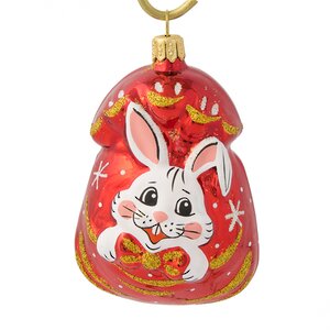 Стеклянная елочная игрушка Подарок - Кролик 8.5 см красный, подвеска