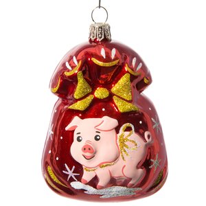 Стеклянная елочная игрушка Подарок - Свинья 8.5 см красный, подвеска Фабрика Елочка фото 1