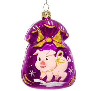 Стеклянная елочная игрушка Подарок - Свинья 8.5 см лиловый, подвеска Фабрика Елочка фото 1