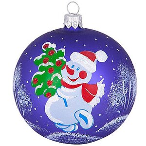Стеклянный елочный шар Снеговик с Елкой 8 см синий Фабрика Елочка фото 1
